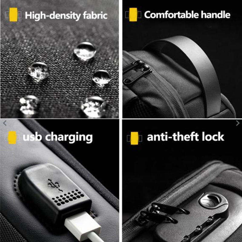 Product features Bag including high-density fabric, comfortable handle, USB charging, and anti-theft lock.