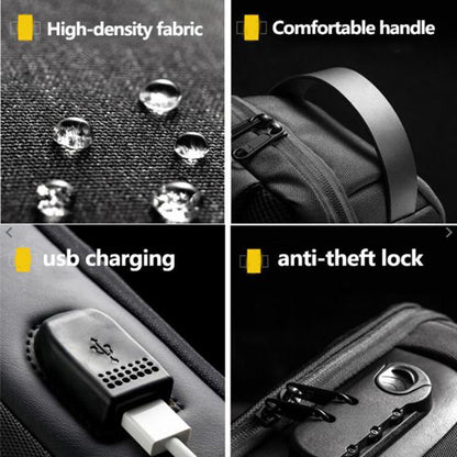 Product features Bag including high-density fabric, comfortable handle, USB charging, and anti-theft lock.